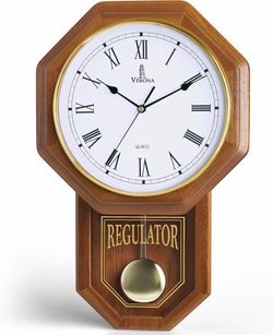 Verona quartz regulator wall clock with a schoolhouse design and a dark brown wood finish. 