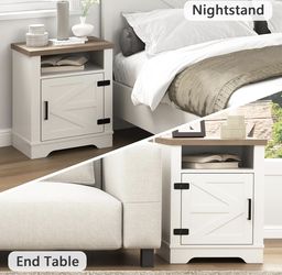 Farmhouse Nightstand Set of 2 , Rustic Beside Table with Barn Door and Open Shelf for Living Room Bedroom Office , White/Oak