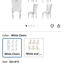 White Dining Chairs Set of 8,Upholstered High-end Velvet Dining Room Chair with Metal Back Ring Pull Trim Silver Legs