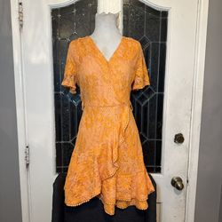 Bright Orange Lace Ruffle Dress – Wrap Style – V-Neck – Size Small