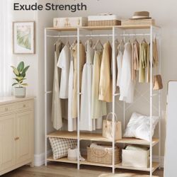 Clothes Rack, Iron and Wood Wardrobe Closet Organizer, Heavy Duty Garment Rack with Hanging Rods, Closet Shelves, Removable Hooks, 