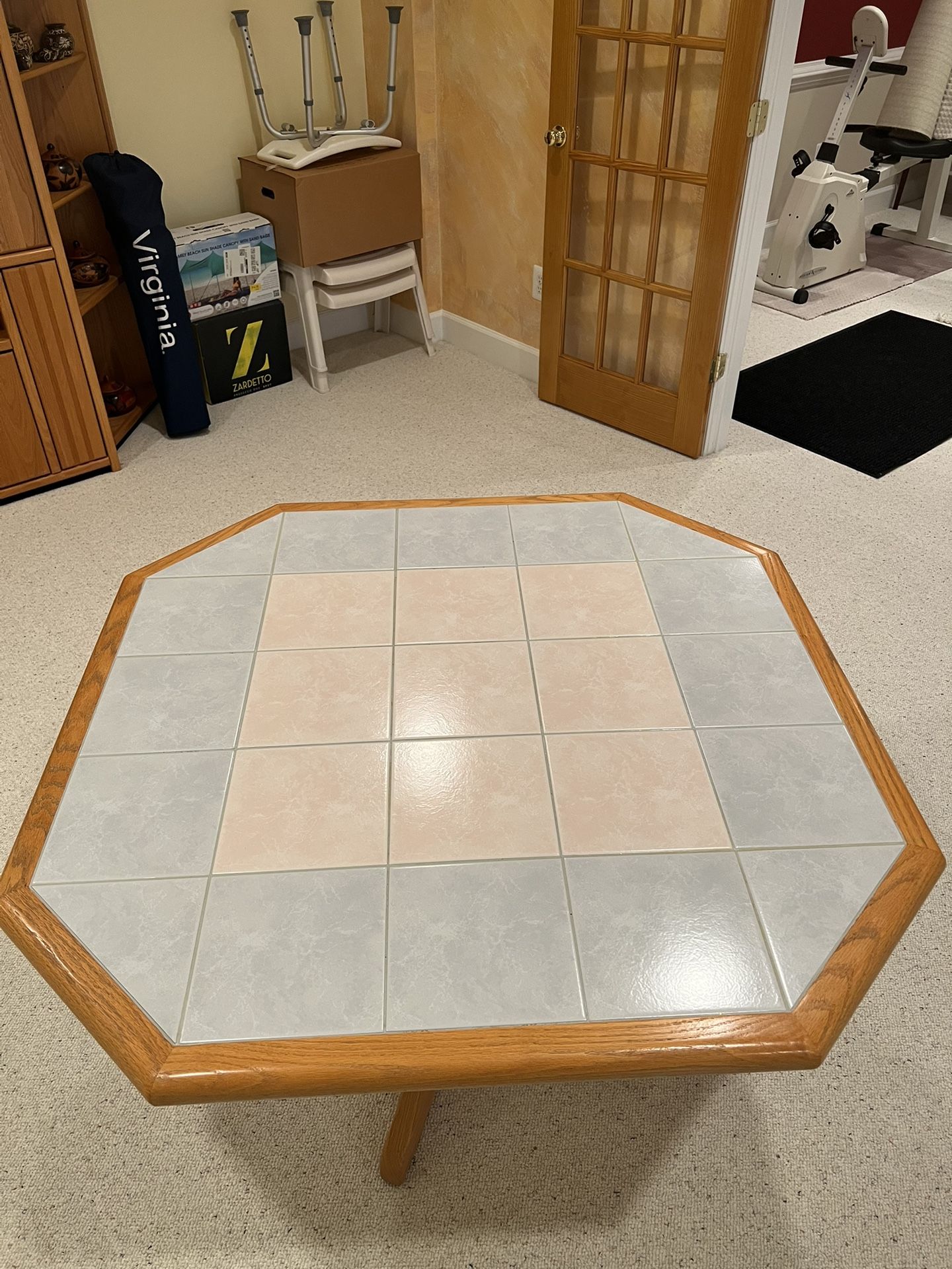 Dining Table, Oak Wood, Pastel Colored Surface Tiles With 4 Cushioned Chairs