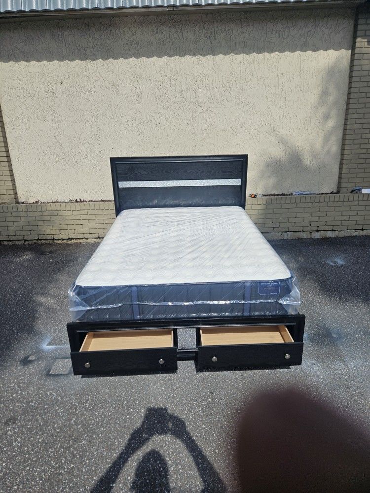 Black Queen Size Solid Wood Platform Bed Frame With Brand New Queen Size Plush Stearns &foster Mattress In Plastic