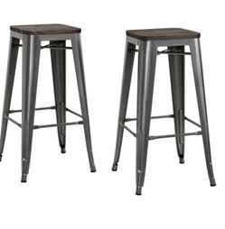 Penelope 30” Antique Gun Metal Bar Stool with Wood Seat (Set of 2). NEW