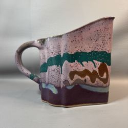 Multicolor Glazed Ceramic Pottery Pitcher Vibrant Unique Stamp On Bottom 8” Tall