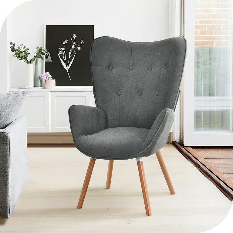 gray fabric accent chair with solid wood legs for living room wing back armchair tufted back upholstered living room chairs with ottoman