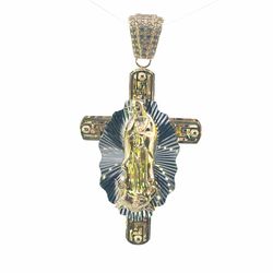 Men’s or Woman’s 10k Two Toned White Yellow Gold 2” Inch CZ Cubic Zirconia Virgin Mary Greek Key Cross Pendant for Necklace GP3136945