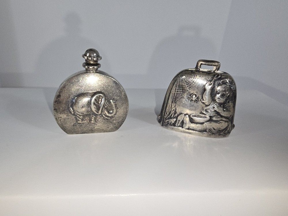 Mini 925 Silver Miss Muffet Bell And Elephant Snuff Bottle Combined Weight .48 OZT