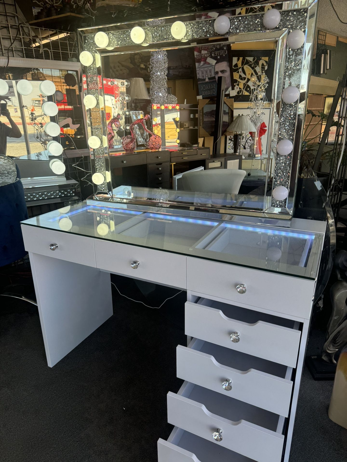 48’ Multi Colored White Vanity Desk with Lighted Mirror