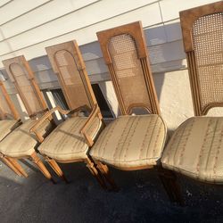 Mid 20th Century Frenzch Regency Louis XVI Cane Back, Carved Walnut antique Dining Chairs 5 set