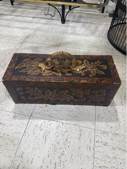 Antique floral pyrography Wood /Brass Box 7x8x19