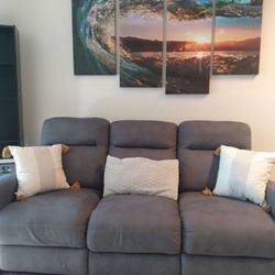 Used Coach With Two Recliners. Gray -Blue Color