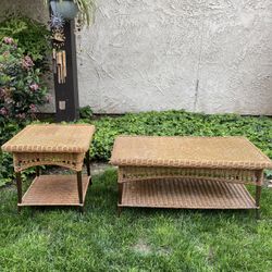 Wicker Rattan Beaded Side And Coffee Table 