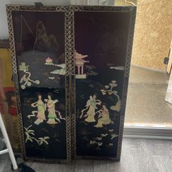 Two Chinese Mother of Pearl and Hardstone Mounted Black Lacquer 