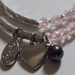 Peacock Pearl & Heart "Charmed" SS Faceted Pink Bead Bracelet (NEW)
