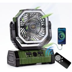 Rechargeable Operated Camping Battery Powered Fan with Hook&Bright LED Light,Remote Control Timer Auto Oscillation Cordless Outdoor Fan for Power Outa