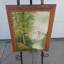 Vintage framed snow capped mountains and stream forest oil on canvas painting signed Balla