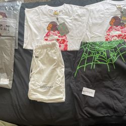 bape shirts, essentials shorts and spider hoodie 