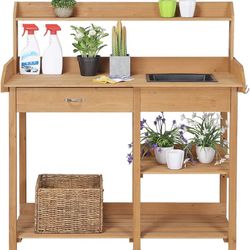 45.2x17.7x47.6'' (LxWxH) Potting Benches Outdoor Garden Potting Table Work Bench with Removable Sink Drawer Rack Shelves Work Station, Wood