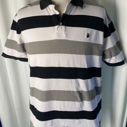 A Bathing Ape (Bape) Striped Polo Shirt XL Black White Gray Small Ape Head Logo (Rare Collectors Item!)