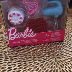 NIB Barbie birthday cake, mixing bowl, mixer and measuring spoons