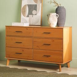Modern Solid Pine Wood 6-Drawer Dresser with Metal Handles and Generous Storage Space, 52 Inch, Caramel Finish