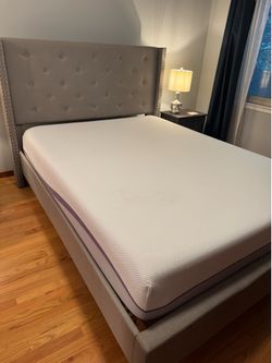 Upholstered Grey Queen bed frame and mattress