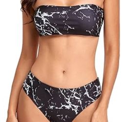 Women Bandeau 2 Piece Set Bikini Set Crop Top Solid Color Leopard Printed Strapless Plus Size Swimsuit High Waist Bikini Swimsuits
