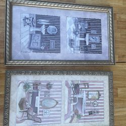 C. Winterle Olson Bathroom Art Double Picture Home Interior Made in USA 24"x14"