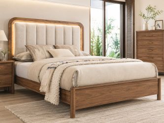 Walnut Queen Eastern King Bed Frame Cama Recamara USB LED Bedroom Venta Furniture Sale Muebles