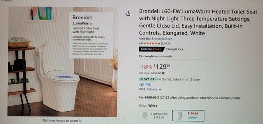 Brondell L60-EW LumaWarm Heated Toilet Seat With Night Light