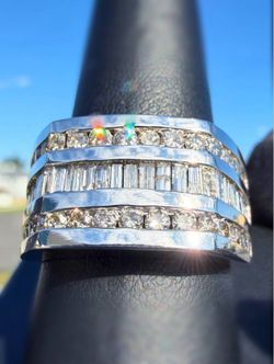 14k solid white gold baguette & round cut 3.3CTW natural diamond men’s fashion ring sz 10.5