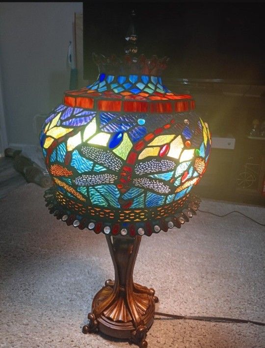 Old Vintage Red Dragon fly Tiffany Repoduction Lamp 24inchs Tall Heavy Big Large Dome 2 Lights Rosewood Base