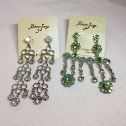 Silver Tone/AB ClearRhinestone And Silver Tone/AB Green Rhinestones Accented Dangle Earrings *New