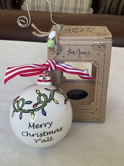 Hand-painted ceramic Christmas ornament with lights and the text Merry Christmas y'all by Glory Haus.