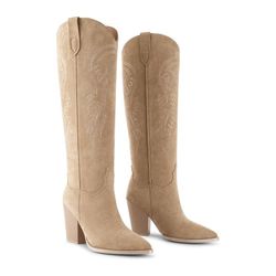 wetkiss Knee High Pointed Toes Chunky Block Heel Cowboy Boots (US9)