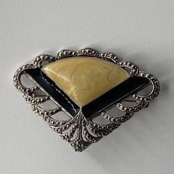 Vintage Art Deco 1980s Fan Pin Brooch Marcasite & Cream & Black Enamel by Avon