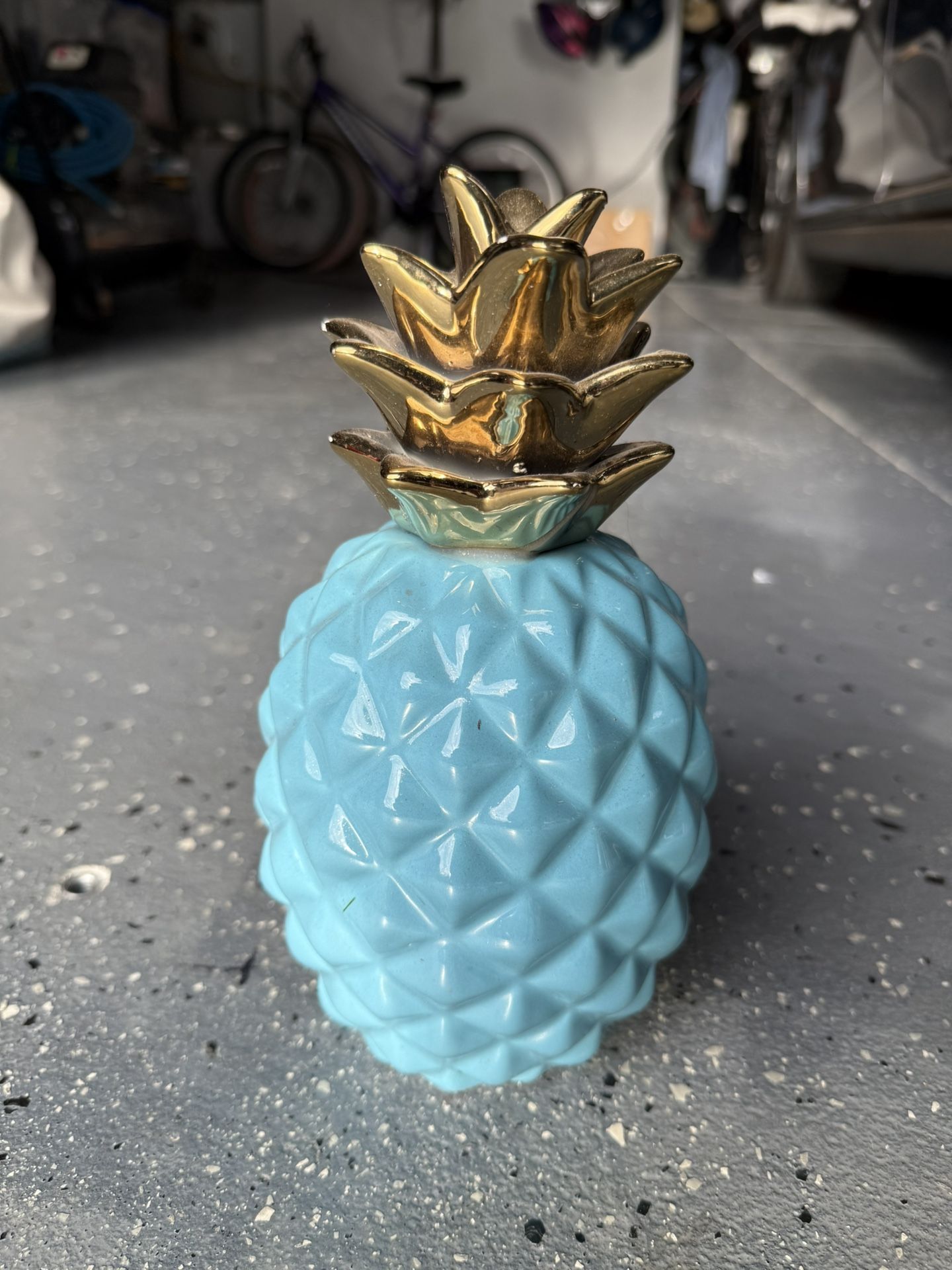 Gift Decorative 9" Ceramic Aqua Pineapple Showpiece Decor Beautifully Sculpted with Realistic Detail, Aqua Gloss with Gold Metallic Crown for