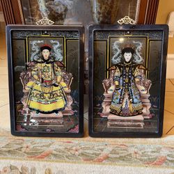 Vintage 1980’s Pair of Chinese Paintings Glass Emperor and Empress Art