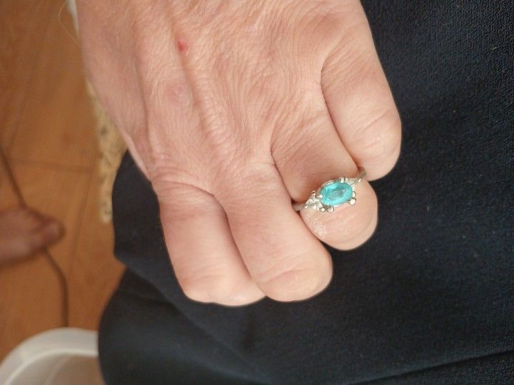 925 Silver Blue Zircon, Petite, OR Paraiba Tourmaline 1 CT Oval Stone With 2 Trillion Sides, Sz 5