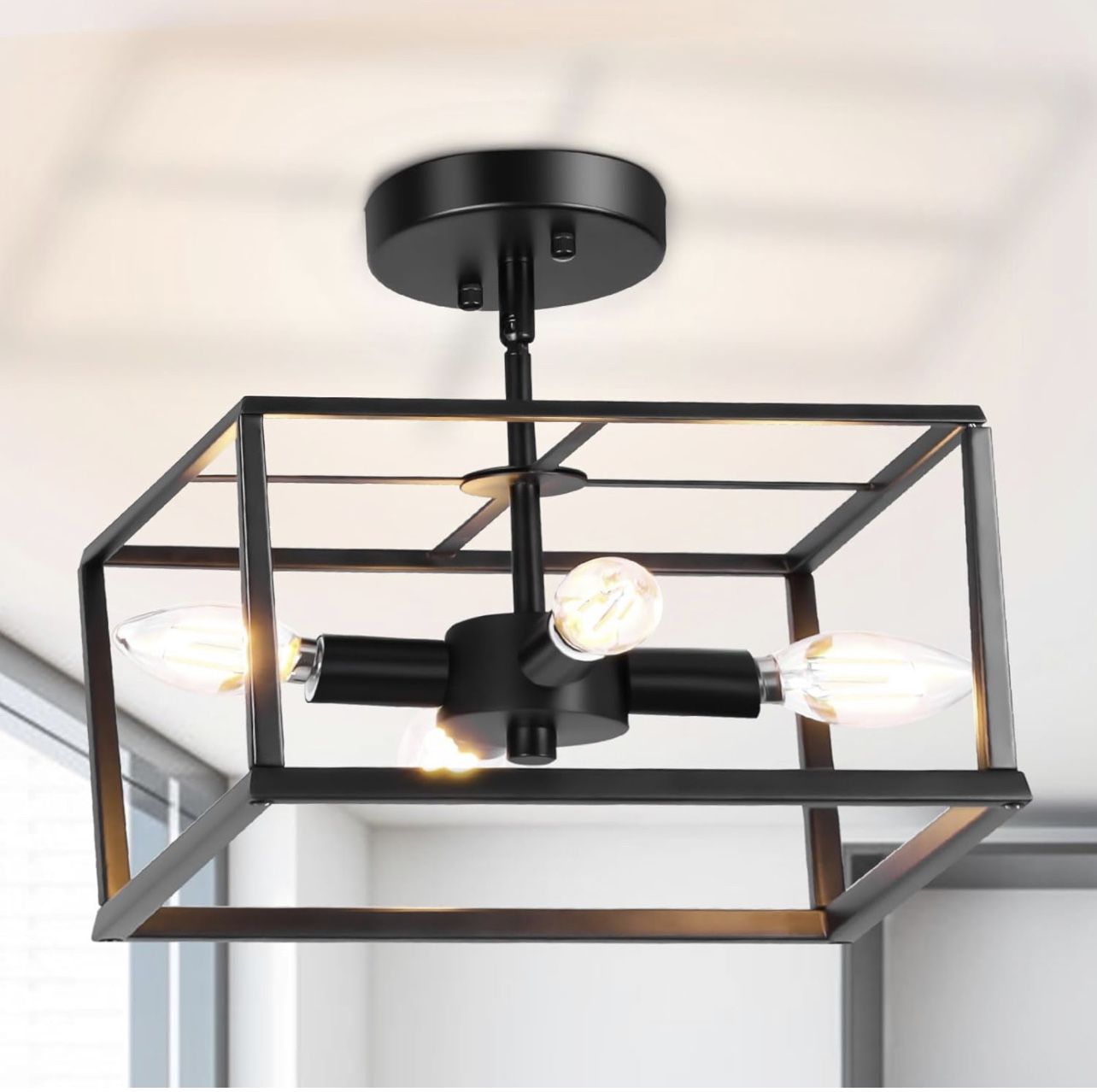 YELUFT Flush Mount Ceiling Light Fixture - 4-Light Industrial Black Metal Square