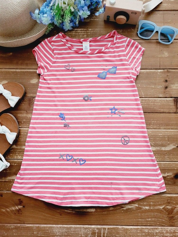 SIZE 7-8 GIRLS CORAL & WHITE STRIPED KNIT LONG TUNIC