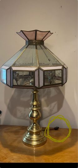 Antique Brass Table Lamp with Pink Stained Glass Shade -floral leaf cut glass in Excellent condition