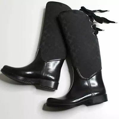 Coach Designer Tristee Black Signature Print Round Toe Rain Boots Size 9 B