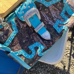 Western Style Camouflage Purse Concho Buckle Blue And Camo