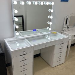Vanity White With Mirror Black LED bluetooth Dresser New In Box