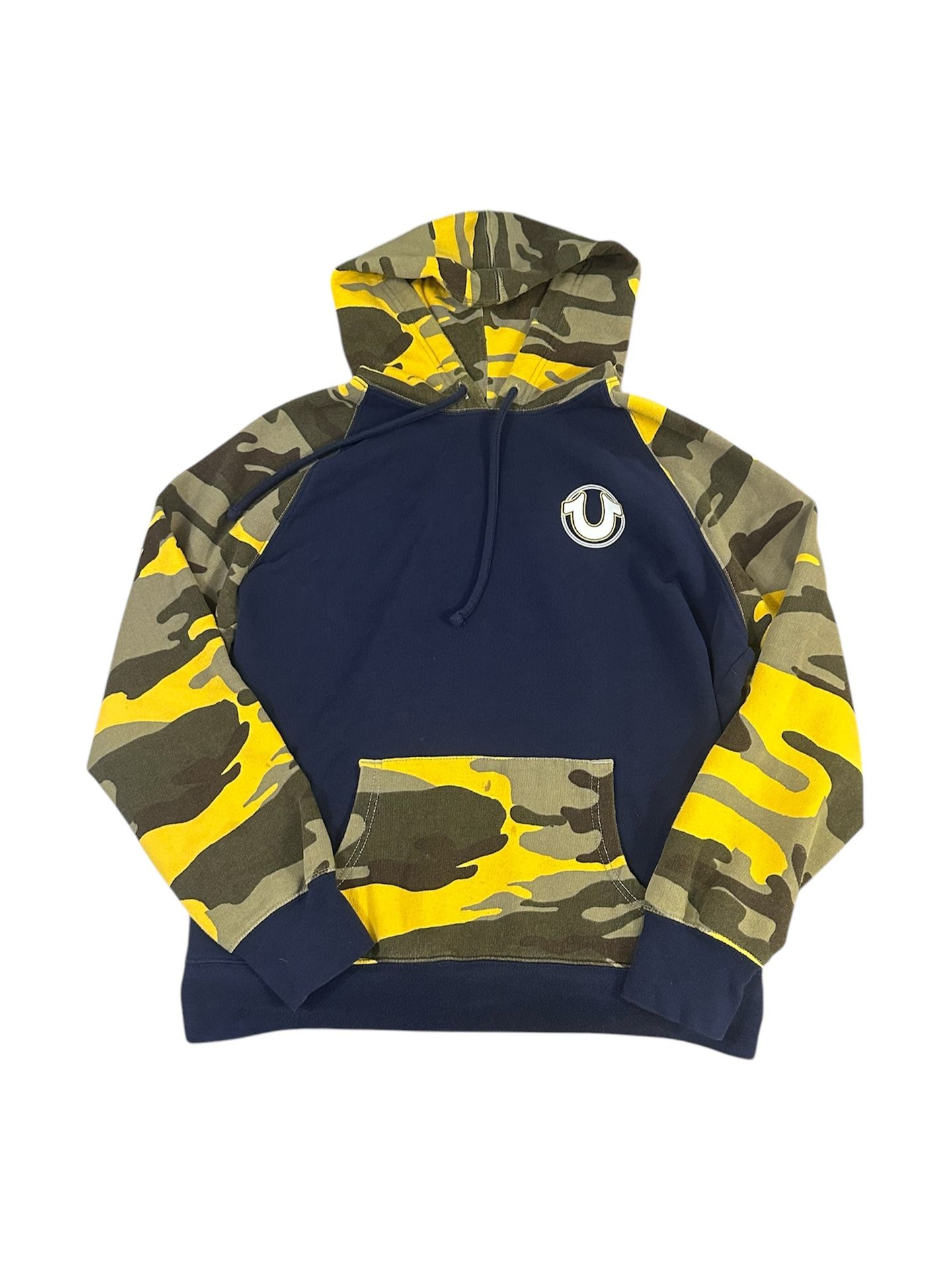 True Religion Pullover Camo Hoodie Blue/Yellow Mens Size Large 100% Cotton