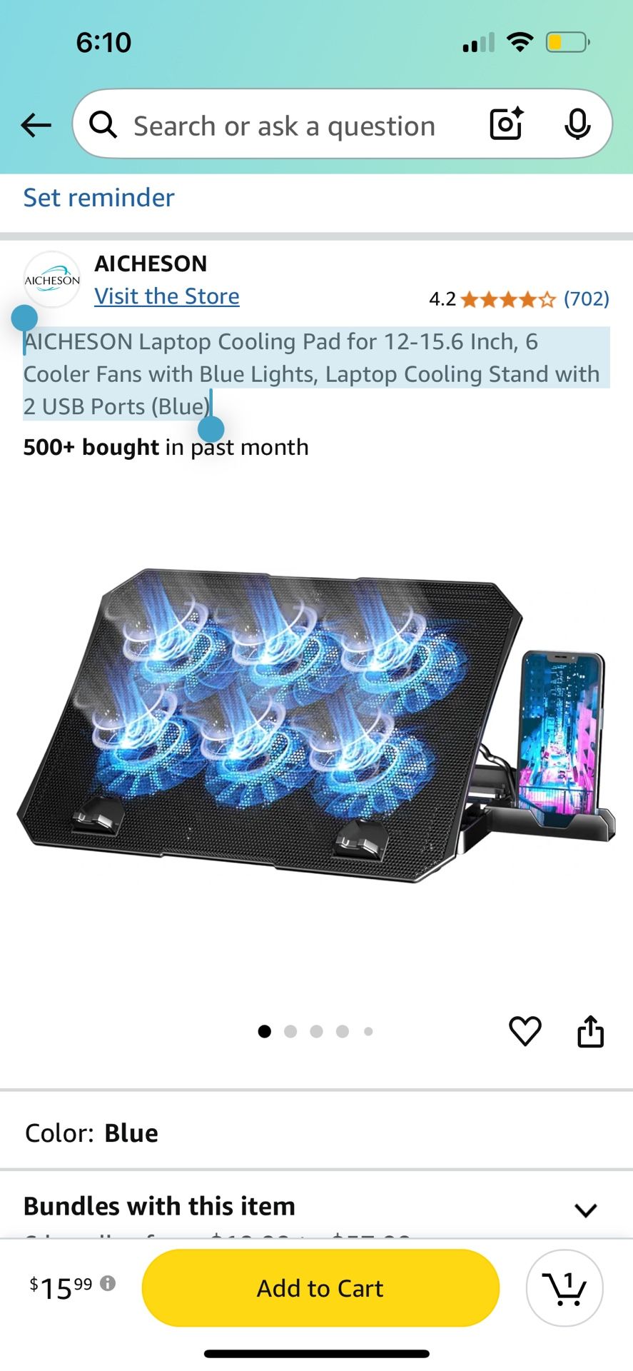 AICHESON Laptop Cooling Pad for 12-15.6 Inch, 6 Cooler Fans with Blue Lights, Laptop Cooling Stand with 2 USB Ports (Blue)