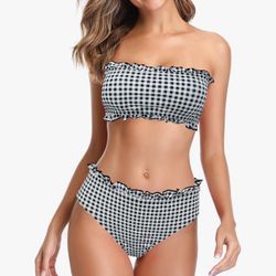 SHEKINI Women's Ruffle Trim Bandeau Bikini Mid Waisted Swim Bottoms Floral Print Two Piece Swimsuits (Lattice Black, Small)