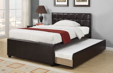 Brand New Espresso Leather Twin Bed Frame w Trundle Bed